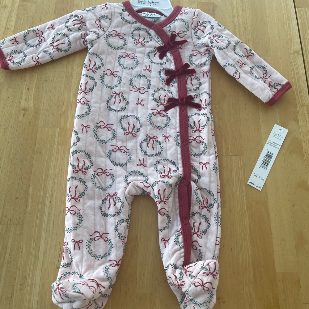 NEW! Nicole Miller Pink Quilted One-piece Baby Outfit 3/6 Mos  Velvet Bows